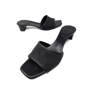 Gucci Vintage GG Monogram Canvas Leather Mule Heels Black Slide Sandals 36.5 6.5